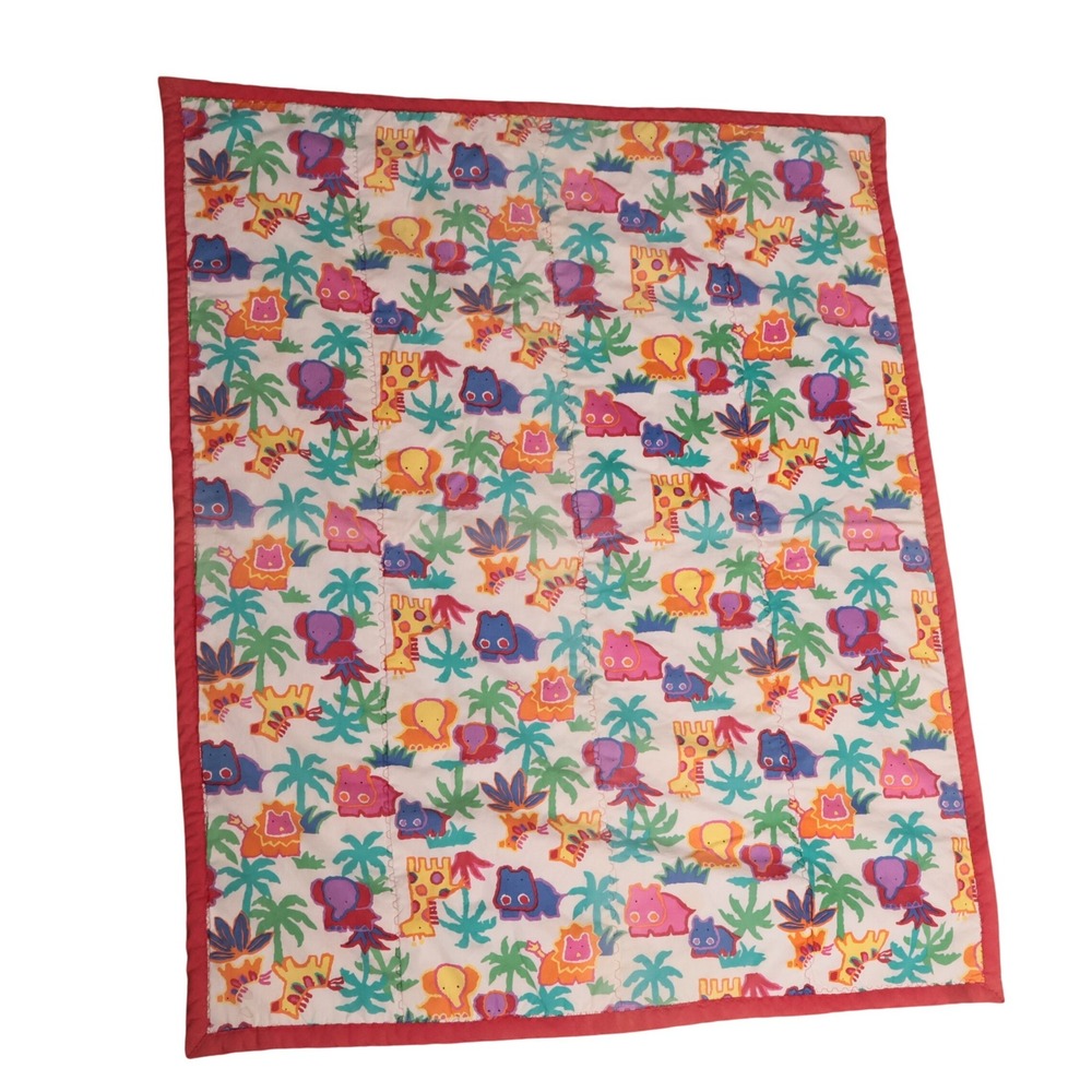 Vintage Safari Jungle Animal Quilted‎ Baby Blanket Nursery Play Mat 34x42 90s
